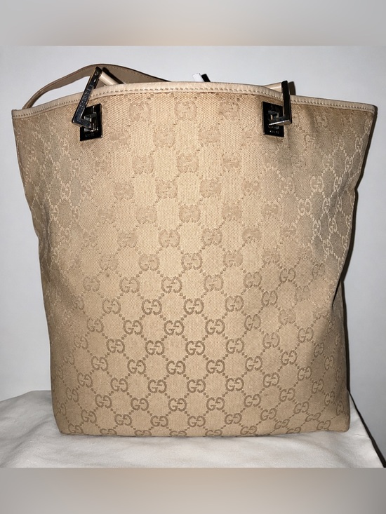 Gucci Handbags - Gucci GG Canvas Tote Bag Beige Leather Trim Shoulder Bag Authentic Italy